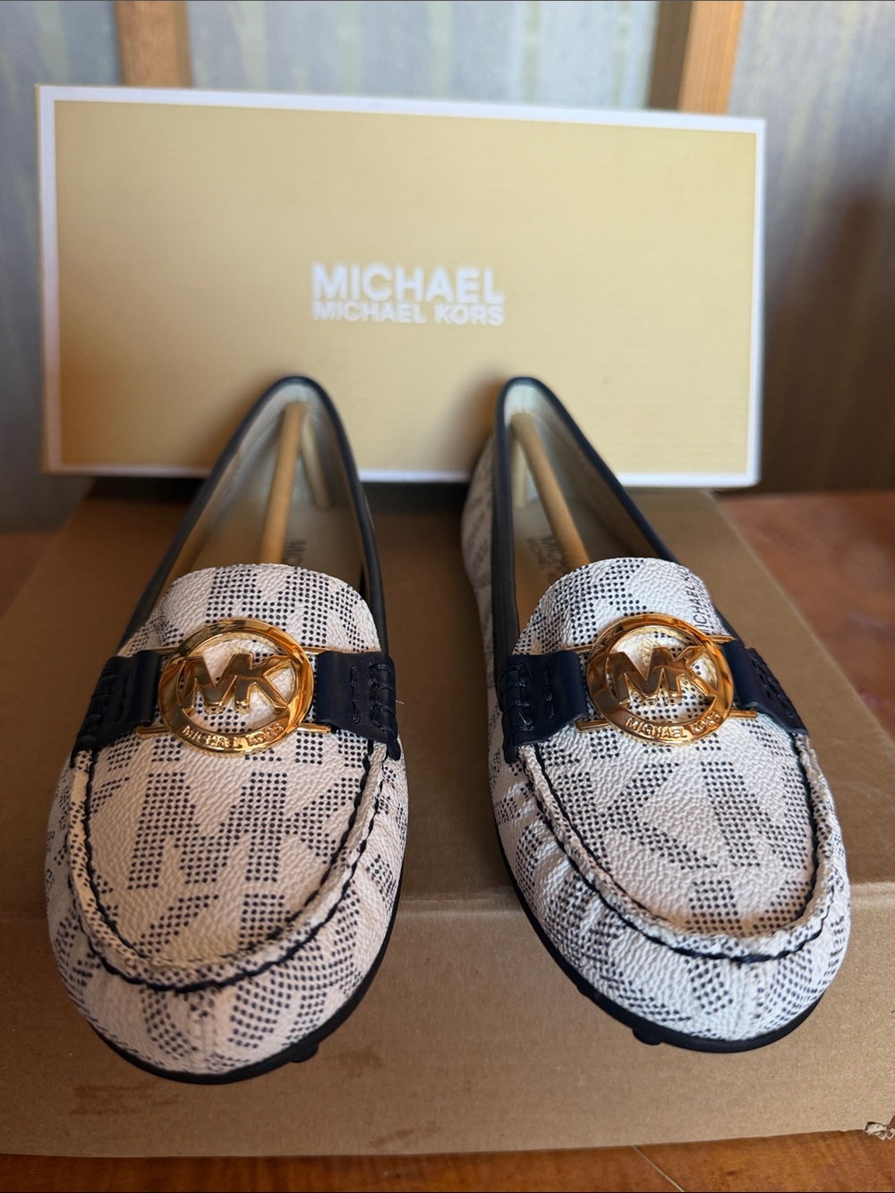Michael Kors Cream Logo Driving Loafers with Gold MK Emblem